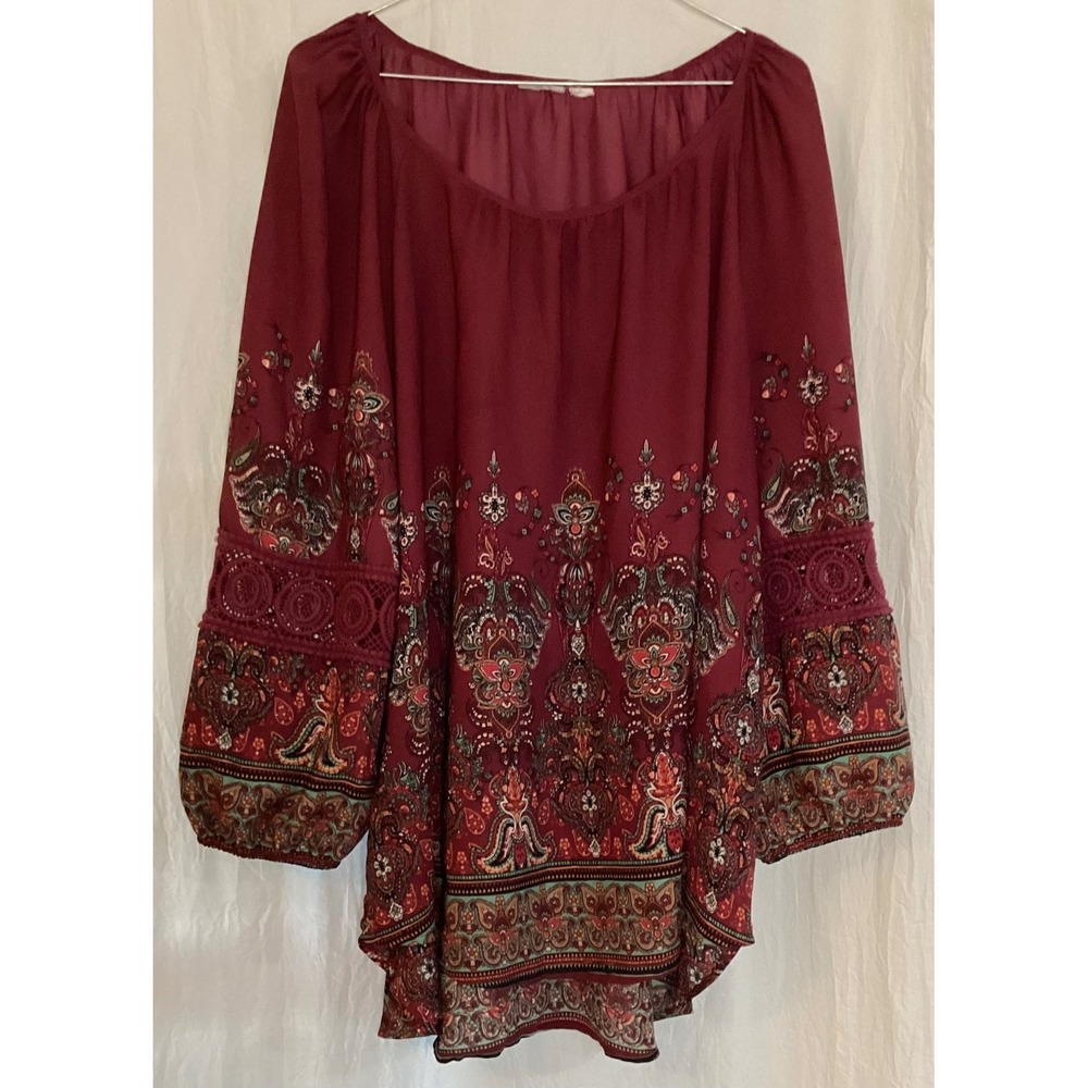 Women's Blouse Plus Size 2XL Burgandy Paisley Boho Hi Low